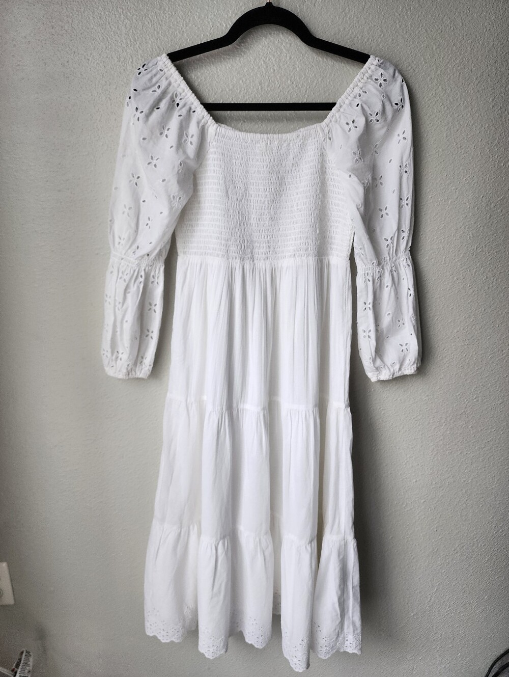 Aerie Smocked Tiered Bodice Eyelet Midi Dress Size Small In White - Picture 7 of 9